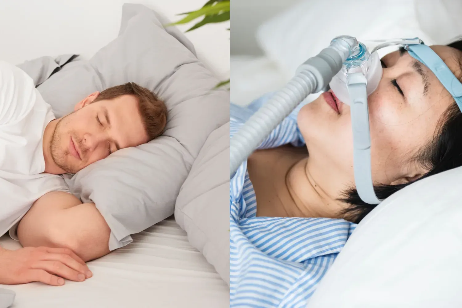 split image showing a person using a CPAP mask and another sleeping on their side to keep airways open